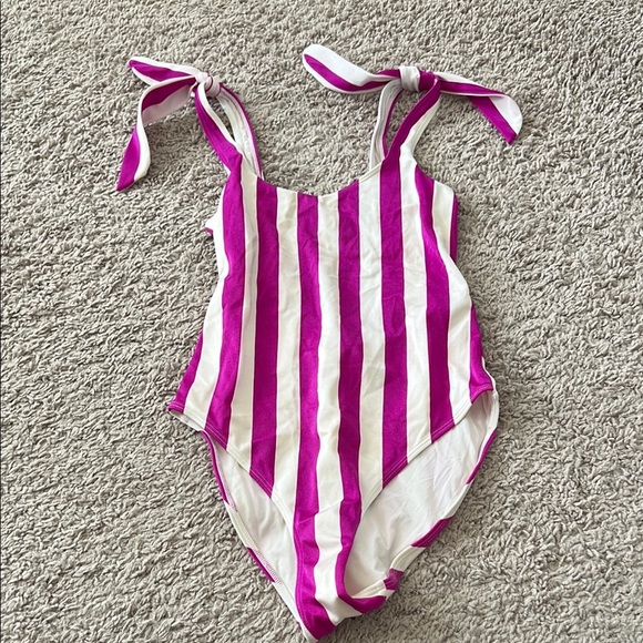 & Other Stories Pink Striped One Piece Swimsuit with Bow Shoulder Details - Picture 1 of 6
